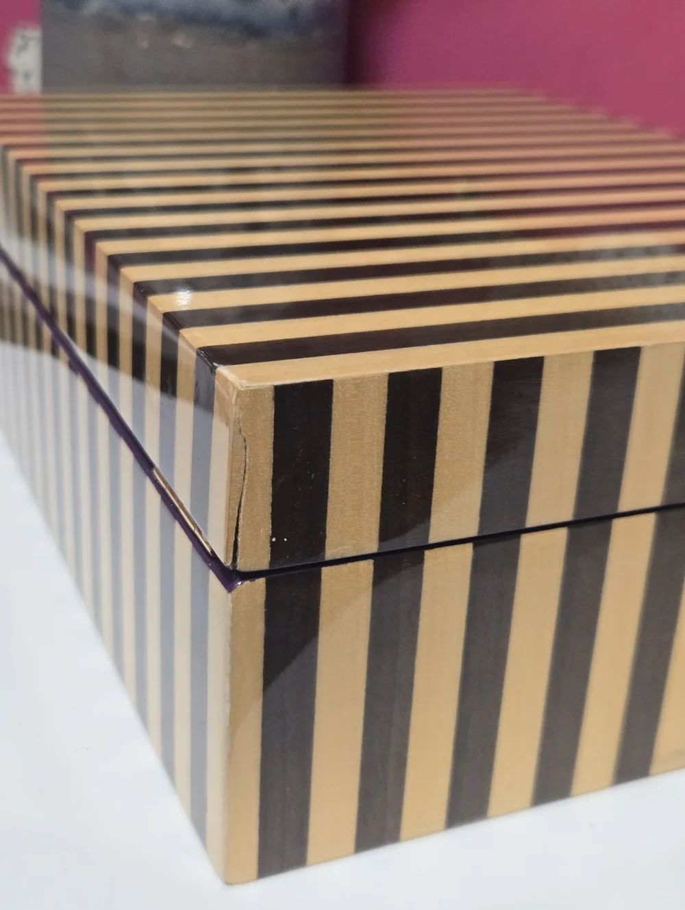 Vintage Henri Bendel Wood Brown Stripes Jewelry Organizer Storage Box